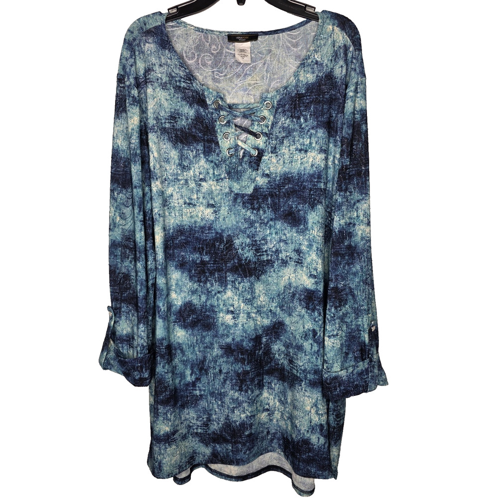 Vera Rose Womens Plus Size 1X Multicolor Blue V Neck 3/4 Sleeve Blouse Tunic